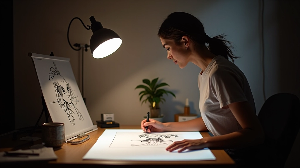 Dibujante animador trabajando con personajes en movimiento, mesa de luz, referencias de animación