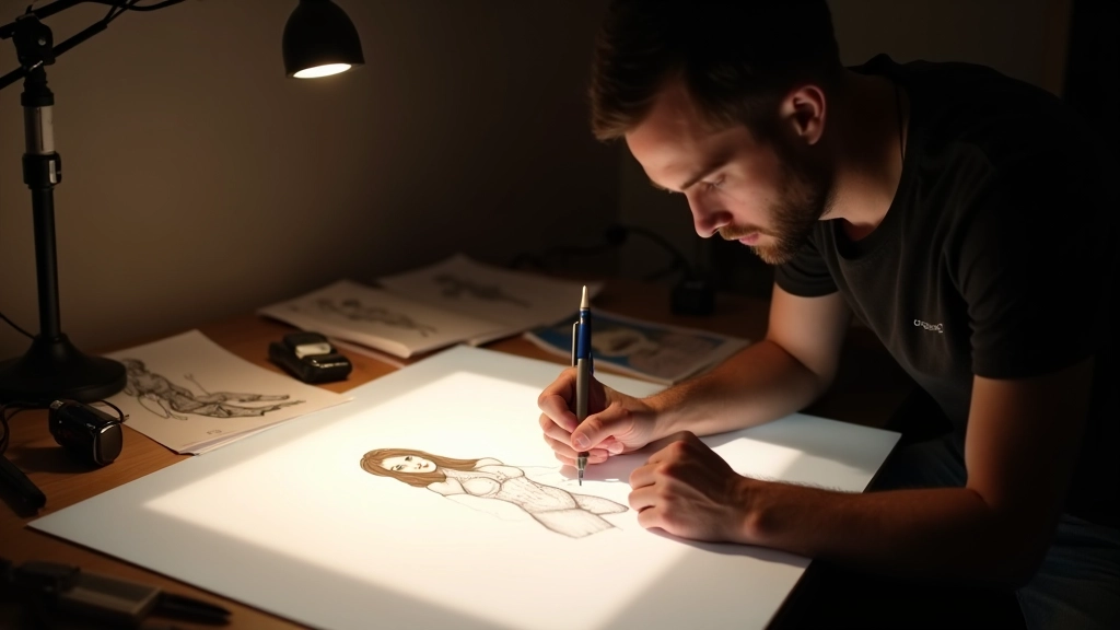 Dibujante trabajando en una mesa de luz con papeles de animación y referencias de anatomía